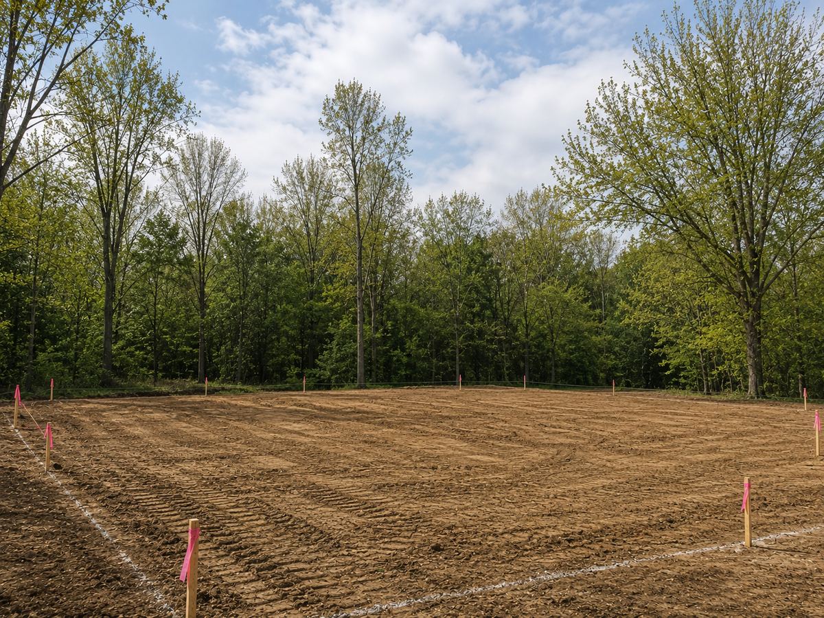A cleared and graded parcel with survey stakes set, ready to hand back.
