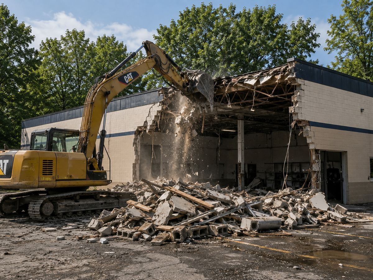 An excavator pulling down the front of a single-storey commercial building, with the roof deck already open and debris piled at the face.