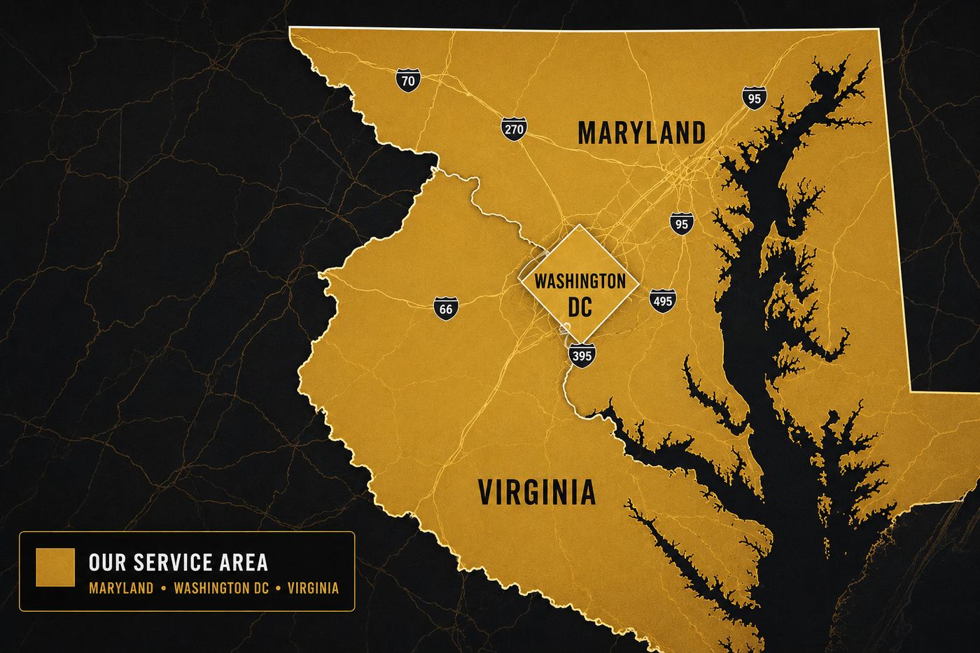 A map of the Maryland, Washington DC and Virginia service area, with the covered region picked out in gold.